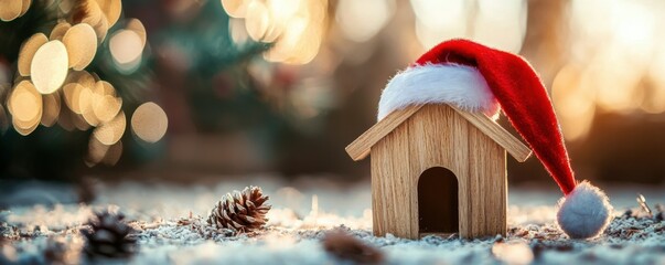 Banner with tiny wooden house wearing a Santa hat among snow with sparkling lights