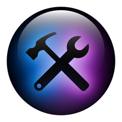 Glass Round Spanner and Hammer Tools in an X-Shaped Arrangement Button icon with Blue and Purple Neon Light