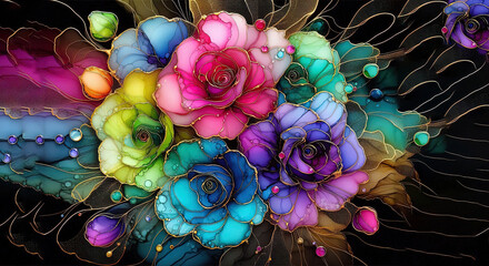 Banner, wall art of alcohol ink painting of roses with colors of raspberry, lime green, blue, pink, turquoise, purple, and drops. thin gold lines black or white and gold transparent background. Spring