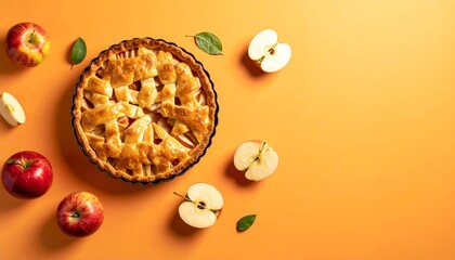 Delicious Apple Pie with Fresh Apples on Orange Background.