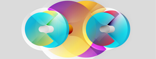 Abstract circles overlap, creating vibrant color gradients. Design features smooth transitions, modern aesthetic. Shapes suggest depth, movement.