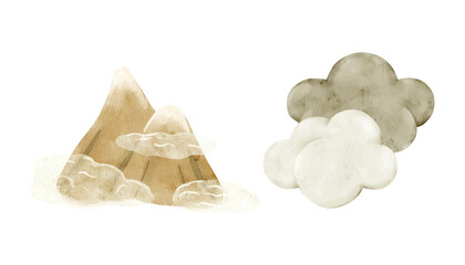 Foggy mountains with soft clouds. Watercolor isolated weather clipart. Set of meteorology and climate elements for kids lessons, preschool posters, educational worksheets, and learning materials.
