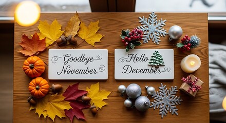 A flat lay showing the transition from autumn to winter with "Goodbye November" and "Hello December" signs surrounded by seasonal decorations like leaves, pumpkins, snowflakes, and baubles.