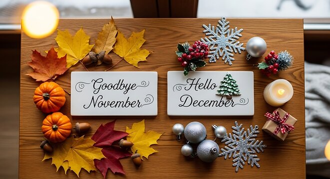 A flat lay showing the transition from autumn to winter with "Goodbye November" and "Hello December" signs surrounded by seasonal decorations like leaves, pumpkins, snowflakes, and baubles. - Powered by Adobe