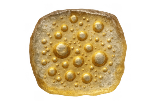 Golden mineral rock featuring a textured surface with many bubbles. Abstract metallic material representing valuable elements