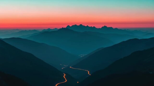 Serene panoramic view of mountain layers at dusk with a beautiful gradient sky. Time lapse composite reveals glowing light trails from traffic on a winding road through the valley