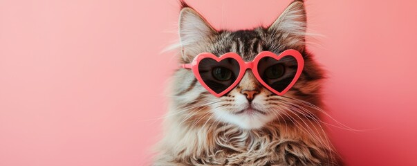 Banner with cute fluffy cat wearing heart-shaped sunglasses poses against a pink background with copy space