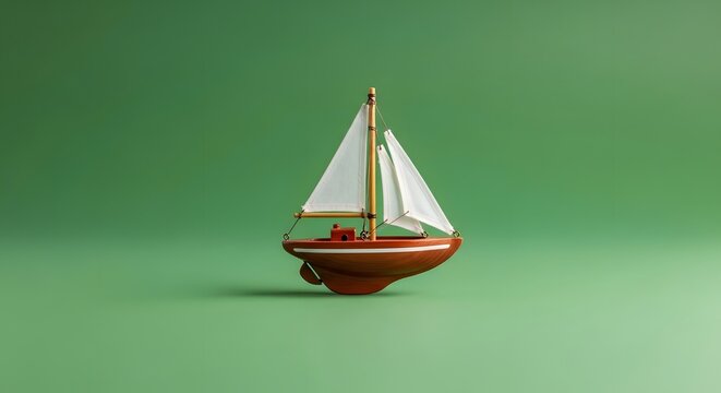A small wooden sailboat with white sails set against a plain green background, creating a simple and charming nautical scene