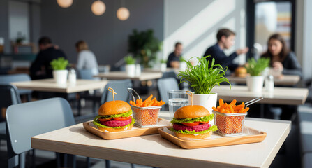 Vegan burgers with fresh ingredients and crispy fries on table in modern restaurant interior, healthy fast food concept, ideal for cafe menu design, food delivery promotions, plant based lifestyle 