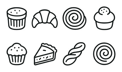Set of eight bakery icons featuring cupcakes, croissant, pie, and swirl pastries