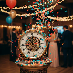 Celebration of work anniversary with festive clock surrounded by colorful confetti at event location, Workplace Celebration / Corporate Event