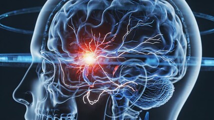Digital Brain Activity and Neural Network in Human Head X-Ray Scan. - Powered by Adobe
