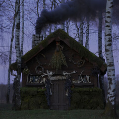 Mysterious Witch Hut in the Forest with Smoke and Decorations