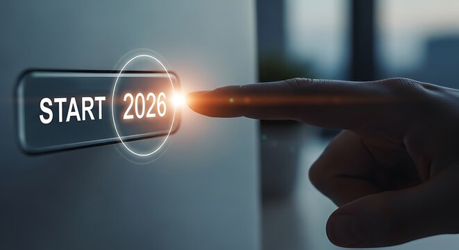 Hand pressing glowing 'START 2026' digital button, symbolizing new year beginnings, future plans, business initiatives, and technological advanceme...
