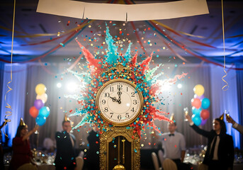 Celebration of work anniversary with festive clock surrounded by colorful confetti at event location, Workplace Celebration / Corporate Event
