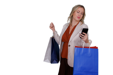 Woman shopping, holding bags and using smartphone, concept of online retail and modern consumerism on transparent background