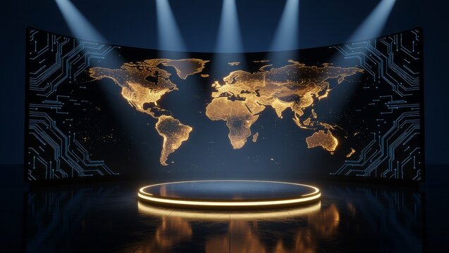 Glowing world map with circuit patterns and stage lighting