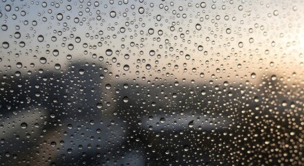Close-up view of raindrops on a glass window with a blurred cityscape in the background during rainy weather