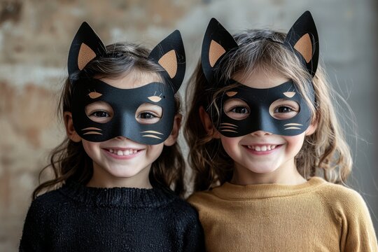 Two children wearing black playful cat masks smile joyfully. The Quadrober youth subculture. - Powered by Adobe