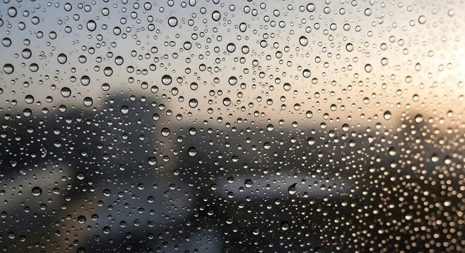 Close-up view of raindrops on a glass window with a blurred cityscape in the background during rainy weather