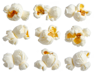 Collection of fluffy popcorn kernels, classic tasty cinema movie snack food. Isolated on transparent background