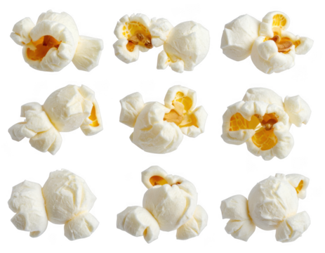 Collection of fluffy popcorn kernels, classic tasty cinema movie snack food. Isolated on transparent background