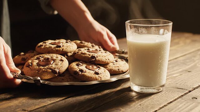 Person serving chocolate chip cookies on a wooden table with milk - Powered by Adobe