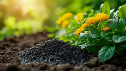 Close-up of nutrient-rich dark soil and pile of organic fertilizer amidst vibrant green foliage and bright yellow flowers, illuminated by warm sunlight in thriving garden environment.