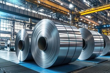 group of oversized stainless-steel rolls in bright clean industrial factory wide-angle composition for manufacturing and metal production concept
