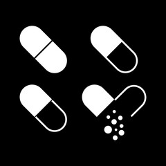 Medical pill icon set isolated on black background