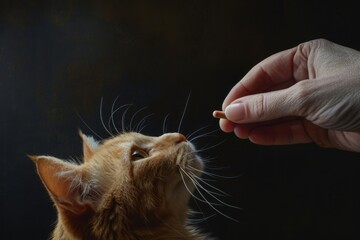 Cat sniffing a hand that holds a small pill. Treatment and diseases of pets.