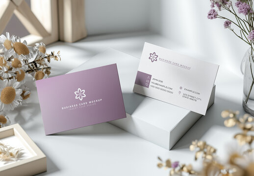Floral Presentation Of Two Business Cards Mockup