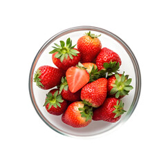 Glass Bowl Filled with Fresh Ripe Strawberries Top View. Isolated on transparent background, PNG.