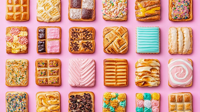 Aesthetically pleasing flat lay featuring colorful assortment of 25 uniquely decorated sweet bread toasts and pastries, arranged neatly in rows on bright pink backdrop, perfect for breakfast or desser