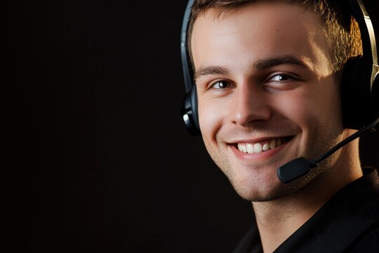 Young man smiling while wearing a headset and communicating working in a call center, copy space