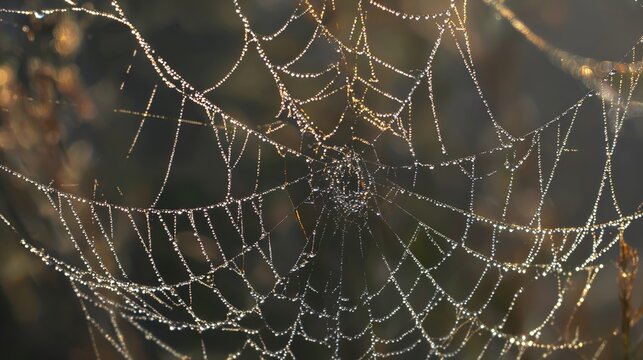 dismembering. A spider web with morning dew drops, backlit by soft sunlight. wildlife magazines, conservation campaigns, designed for eco-tourism storytelling, used by chefs.