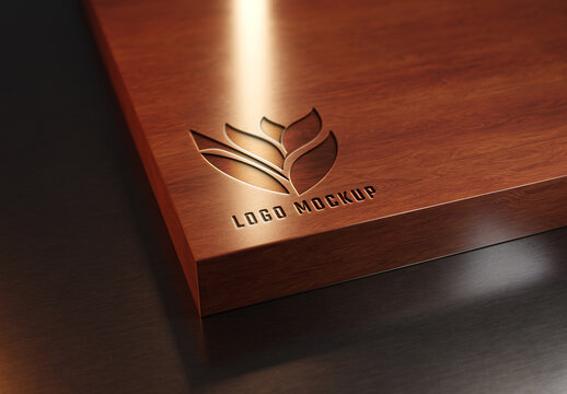 Engraved Logo Wooden Plate Corner Mockup