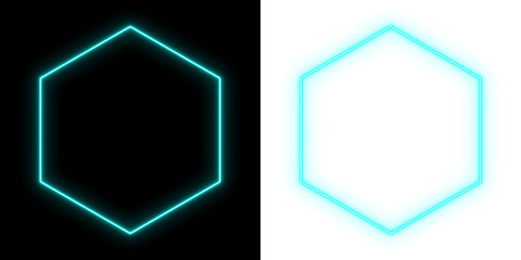 Glowing cyan neon hexagon outline on black and white backgrounds for modern digital art, graphics, and futuristic design elements © PK-VFX