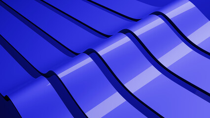 Abstract wavy curved 3d render. Blue soft layers of plastic with lines, folds, ruffles. Modern wallpaper, texture pattern.
