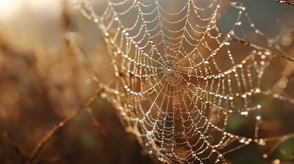 dismembering. A spider web with morning dew drops, backlit by soft sunlight. wildlife magazines, conservation campaigns, designed for eco-tourism storytelling, used by chefs.