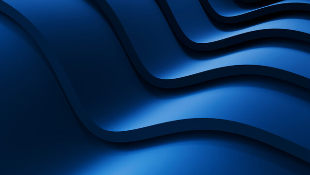 Abstract wavy curved 3d render. Blue soft layers of plastic with lines, folds, ruffles. Modern wallpaper, texture pattern.