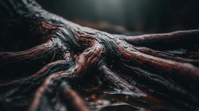 Panoramic view of a dark and twisted root system with wet organic textures. Moody and atmospheric natural background for supernatural, fantasy, or science fiction concepts