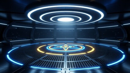 Futuristic control room with glowing circular lights and star symbol