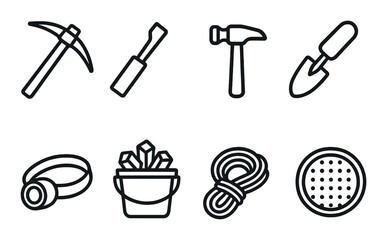 Set of mining and construction tools silhouettes on black background