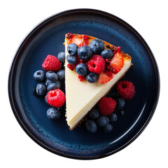 creamy cheesecake topped with berries served in deep navy plate creating rich colorful dessert layout