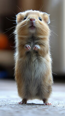 Incredibly adorable light brown furry hamster stands alert and curious on its hind legs with tiny paws held close, looking intently upward against soft, blurred indoor background.