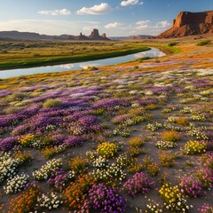 A vibrant desert landscape during springtime features colorful wildflowers, a winding river, and dramatic rock formations under a clear blue sky