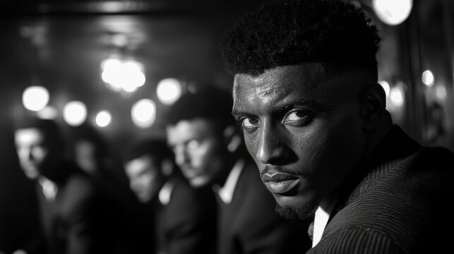 Striking monochrome portrait of determined Black man with textured fade haircut, his intense gaze fixed on viewer, silhouetted against blurred background of ambient lights and indistinct companions. - Powered by Adobe