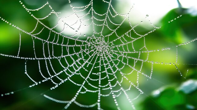 dismembering. A spider web with morning dew drops, backlit by soft sunlight. wildlife magazines, conservation campaigns, designed for eco-tourism storytelling, used by chefs.