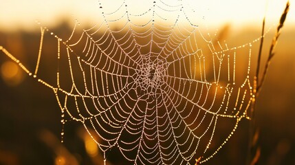 dismembering. A spider web with morning dew drops, backlit by soft sunlight. wildlife magazines, conservation campaigns, designed for eco-tourism storytelling, used by chefs.